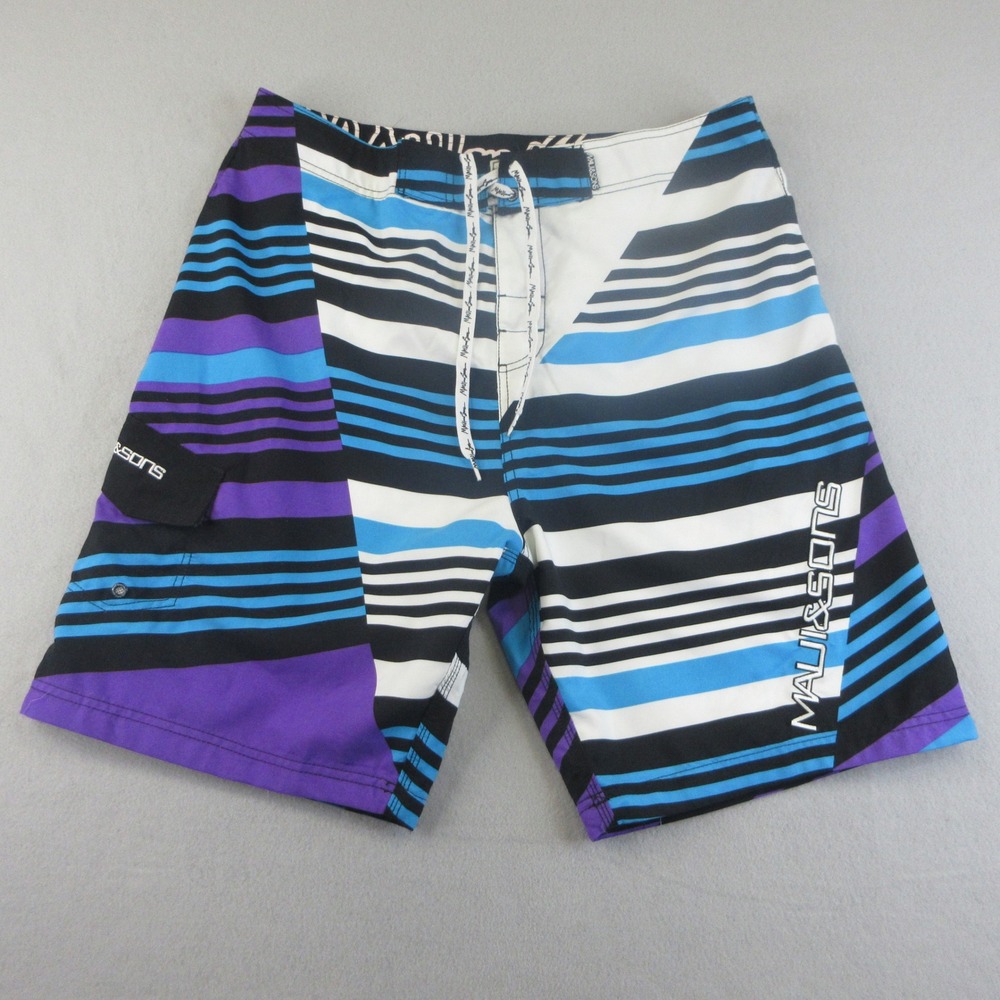 Maui and Sons Board Shorts Mens 36 Blue Purple Striped Swim Surf NWT 1376